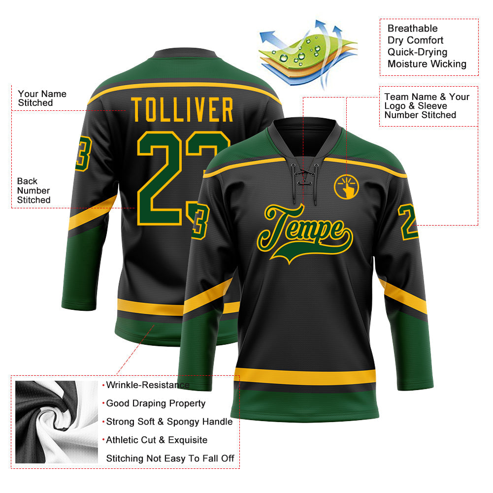 Custom Black Green-Gold Hockey Lace Neck Jersey - Sky-Custom