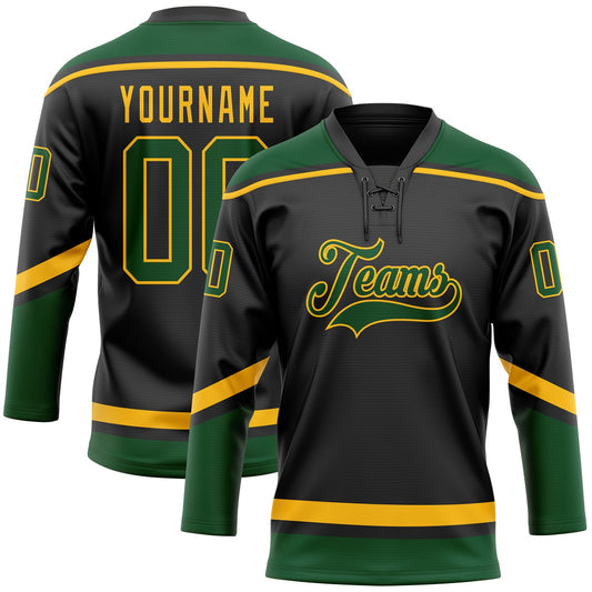 Custom Black Green-Gold Hockey Lace Neck Jersey - Sky-Custom