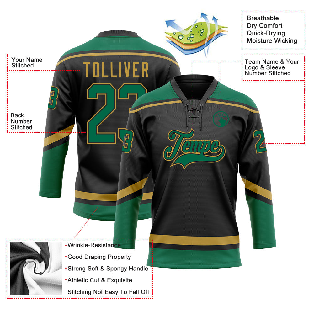 Custom Black Kelly Green-Old Gold Hockey Lace Neck Jersey - Sky-Custom