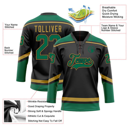 Custom Black Kelly Green-Old Gold Hockey Lace Neck Jersey - Sky-Custom