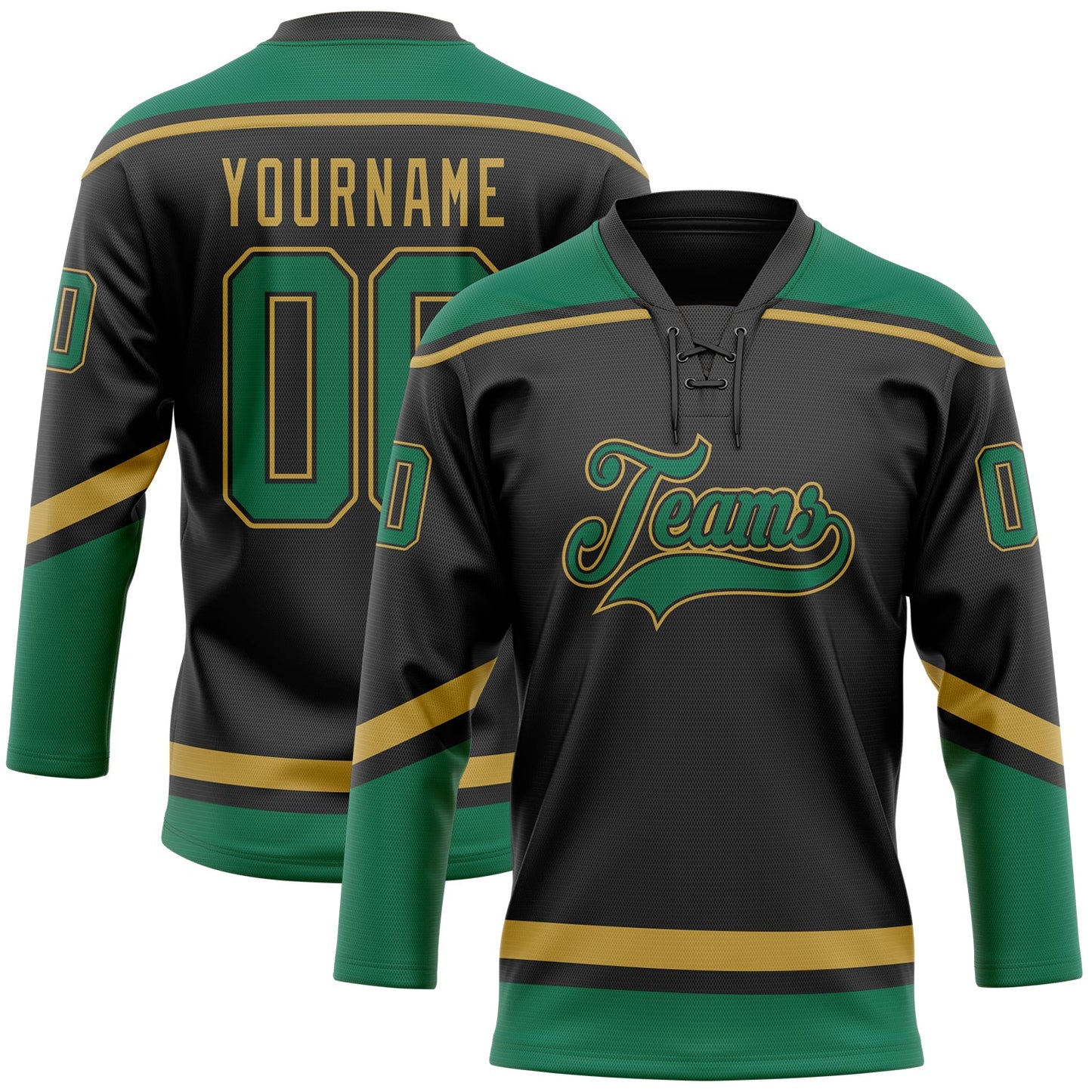 Custom Black Kelly Green-Old Gold Hockey Lace Neck Jersey - Sky-Custom