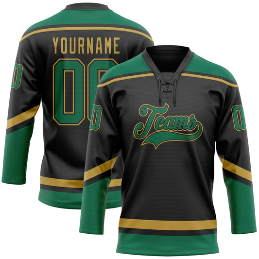 Custom Black Kelly Green-Old Gold Hockey Lace Neck Jersey - Sky-Custom