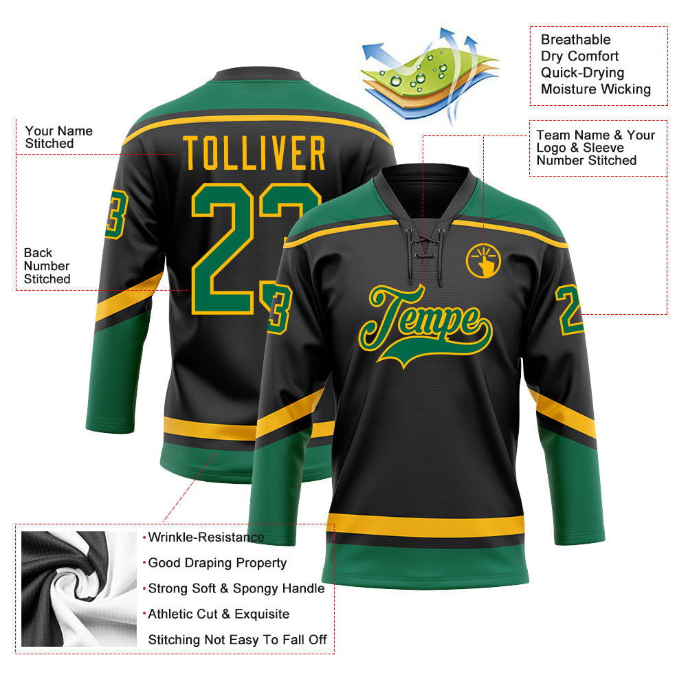 Custom Black Kelly Green-Gold Hockey Lace Neck Jersey - Sky-Custom