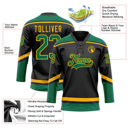Custom Black Kelly Green-Gold Hockey Lace Neck Jersey - Sky-Custom