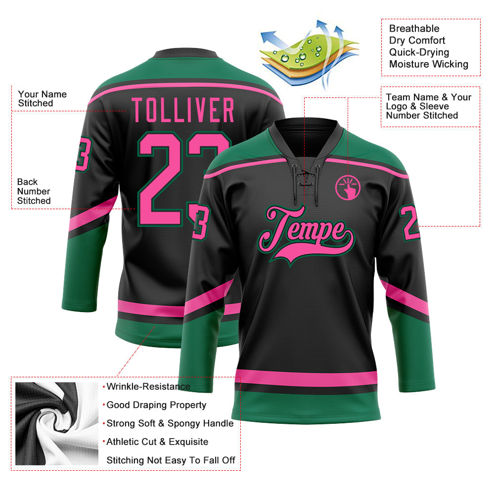 Custom Black Pink-Kelly Green Hockey Lace Neck Jersey - Sky-Custom
