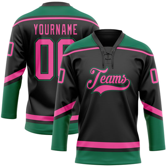 Custom Black Pink-Kelly Green Hockey Lace Neck Jersey - Sky-Custom