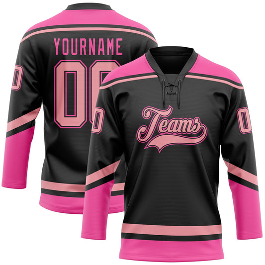 Custom Black Medium Pink-Pink Hockey Lace Neck Jersey - Sky-Custom