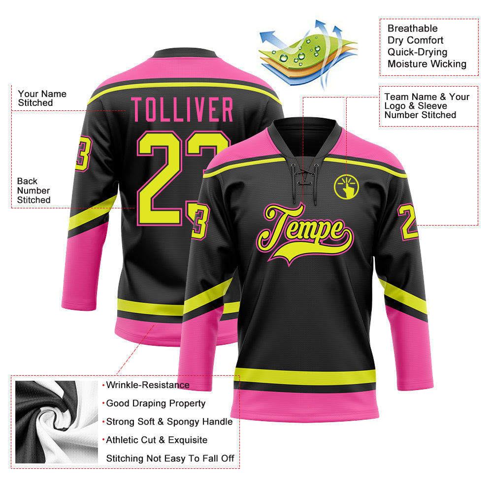 Custom Black Neon Yellow-Pink Hockey Lace Neck Jersey - Sky-Custom