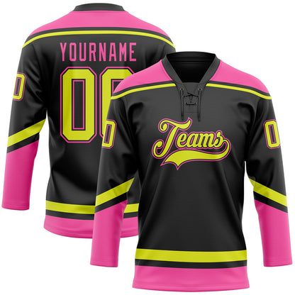 Custom Black Neon Yellow-Pink Hockey Lace Neck Jersey - Sky-Custom