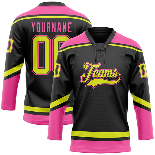 Custom Black Neon Yellow-Pink Hockey Lace Neck Jersey - Sky-Custom