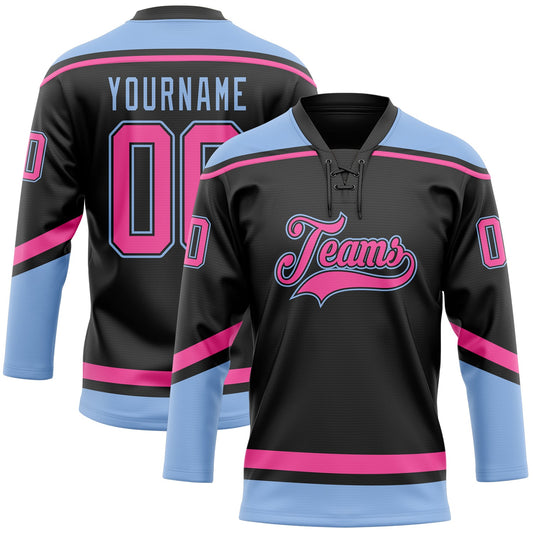 Custom Black Pink-Light Blue Hockey Lace Neck Jersey - Sky-Custom