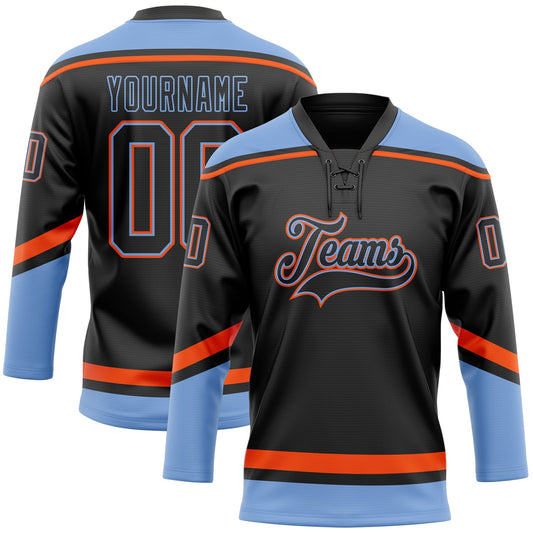Custom Black Powder Blue-Orange Hockey Lace Neck Jersey - Sky-Custom