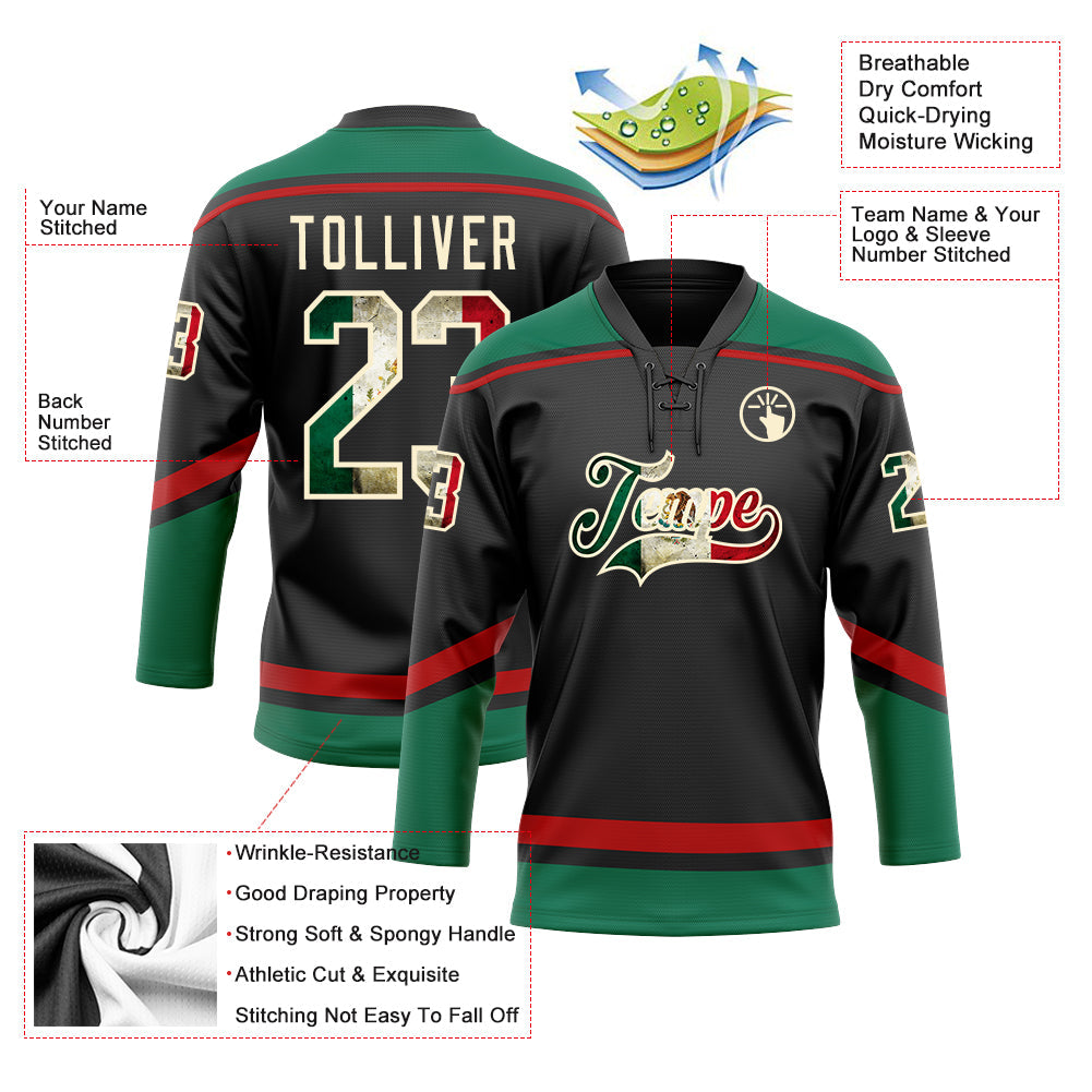 Custom Black Vintage Mexican Flag Cream Kelly Green-Red Hockey Lace Neck Jersey - Sky-Custom