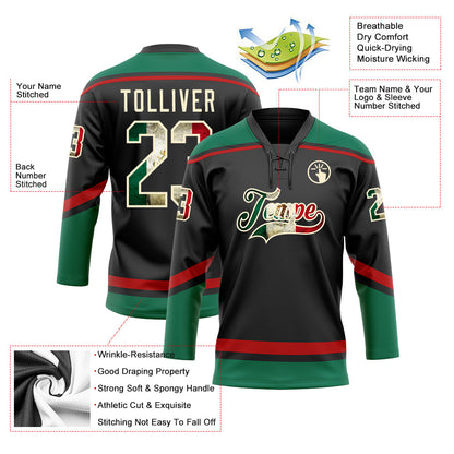 Custom Black Vintage Mexican Flag Cream Kelly Green-Red Hockey Lace Neck Jersey - Sky-Custom