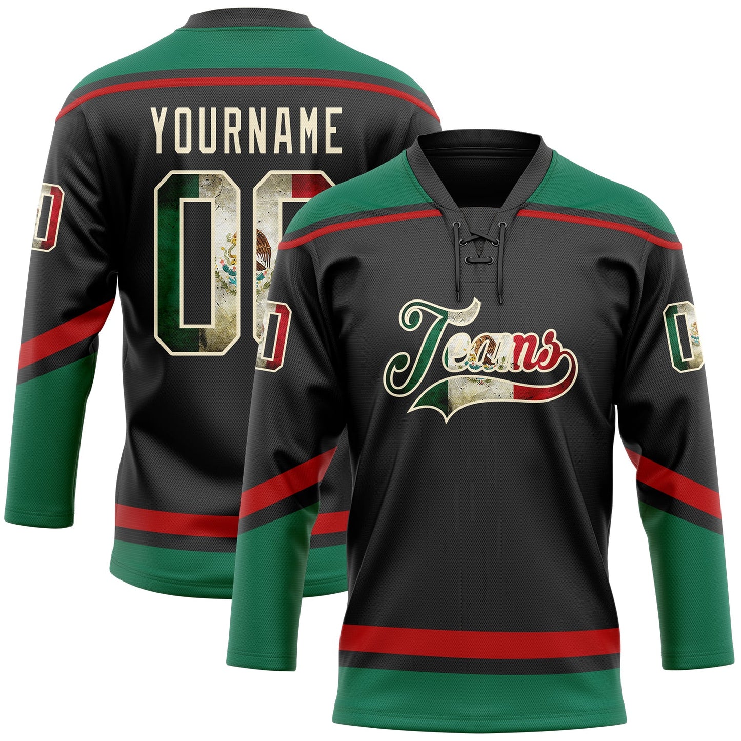 Custom Black Vintage Mexican Flag Cream Kelly Green-Red Hockey Lace Neck Jersey - Sky-Custom