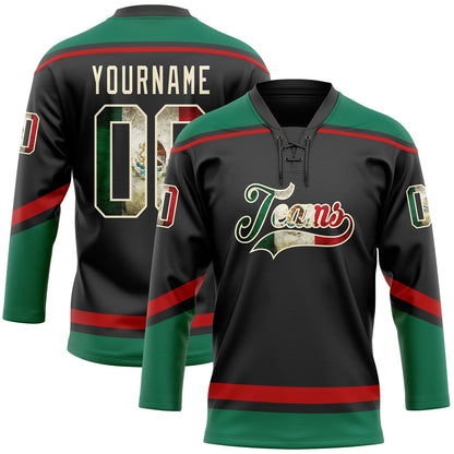 Custom Black Vintage Mexican Flag Cream Kelly Green-Red Hockey Lace Neck Jersey - Sky-Custom