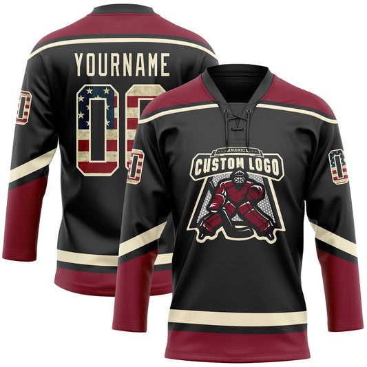 Custom Black Vintage USA Flag Cream-Crimson Hockey Lace Neck Jersey - Sky-Custom