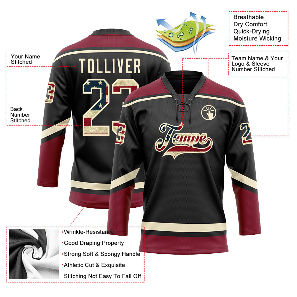 Custom Black Vintage USA Flag Cream-Crimson Hockey Lace Neck Jersey - Sky-Custom