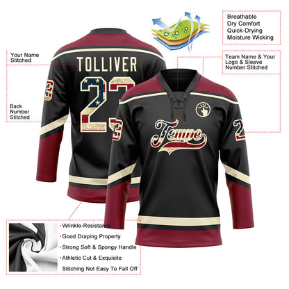 Custom Black Vintage USA Flag Cream-Crimson Hockey Lace Neck Jersey - Sky-Custom
