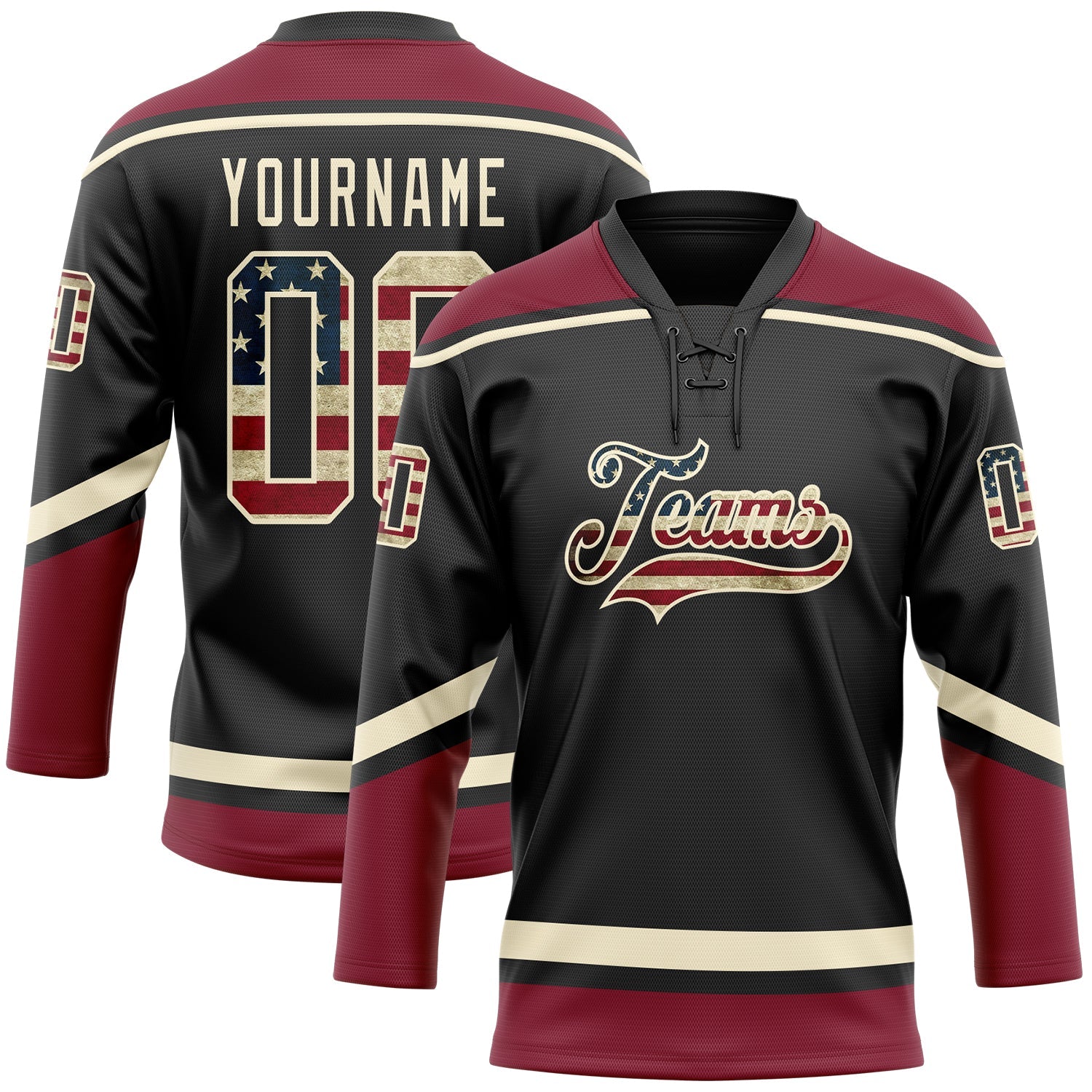 Custom Black Vintage USA Flag Cream-Crimson Hockey Lace Neck Jersey - Sky-Custom