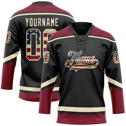 Custom Black Vintage USA Flag Cream-Crimson Hockey Lace Neck Jersey - Sky-Custom