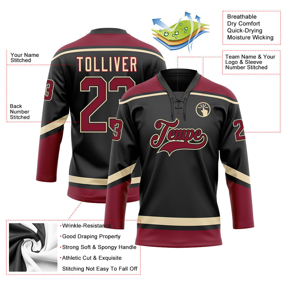 Custom Black Crimson-City Cream Hockey Lace Neck Jersey - Sky-Custom