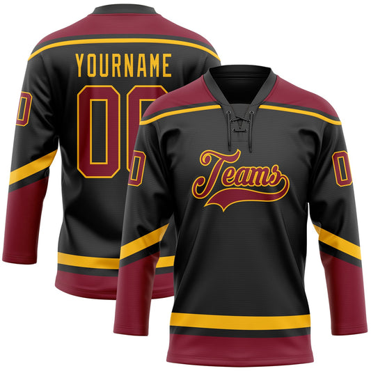 Custom Black Crimson-Gold Hockey Lace Neck Jersey - Sky-Custom