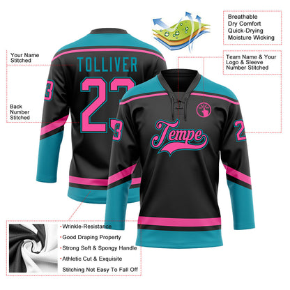 Custom Black Pink-Teal Hockey Lace Neck Jersey - Sky-Custom