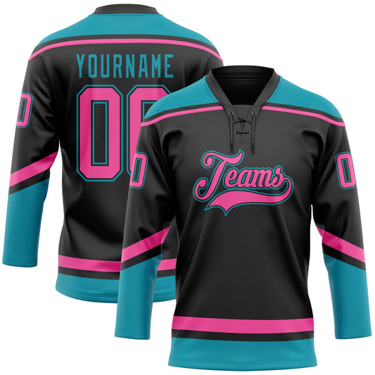 Custom Black Pink-Teal Hockey Lace Neck Jersey - Sky-Custom