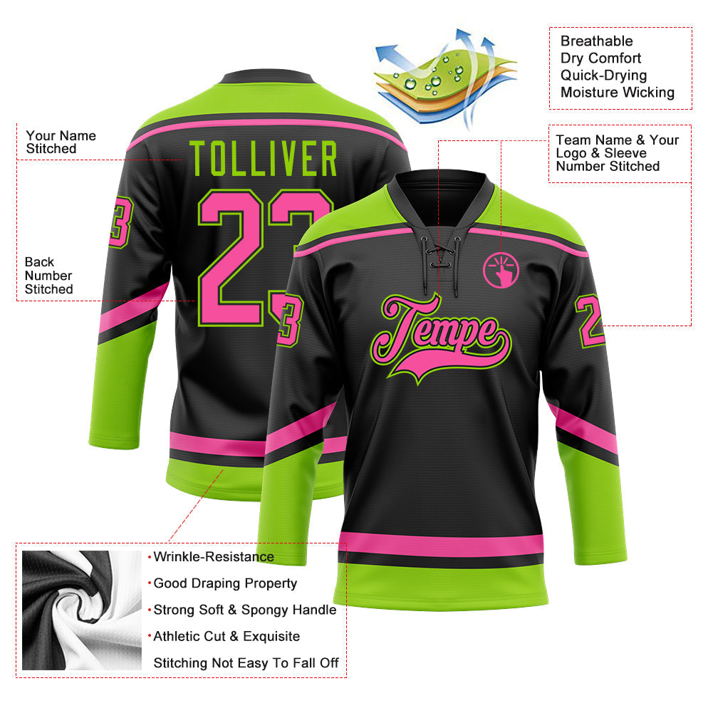 Custom Black Pink-Neon Green Hockey Lace Neck Jersey - Sky-Custom