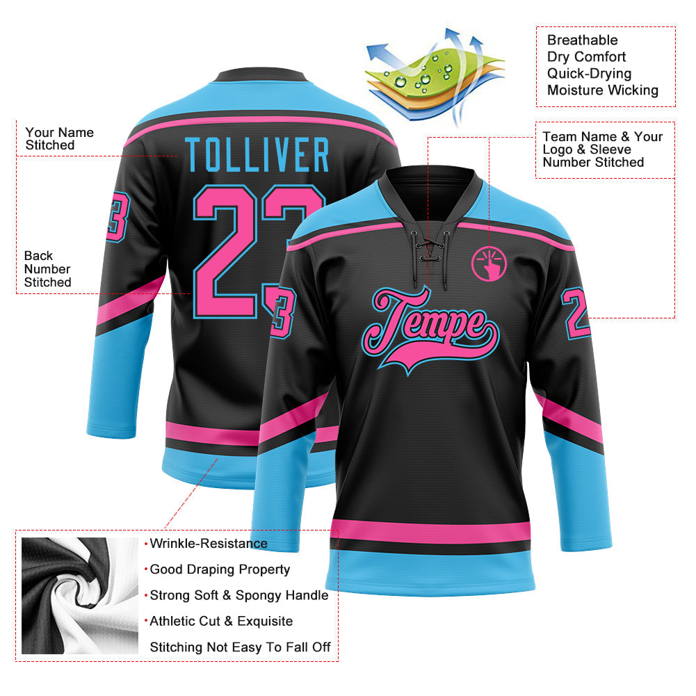 Custom Black Pink-Sky Blue Hockey Lace Neck Jersey - Sky-Custom
