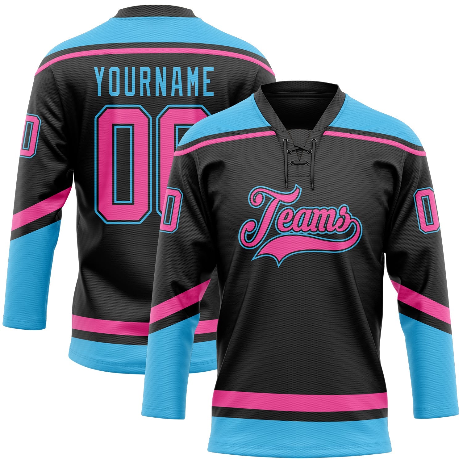 Custom Black Pink-Sky Blue Hockey Lace Neck Jersey - Sky-Custom