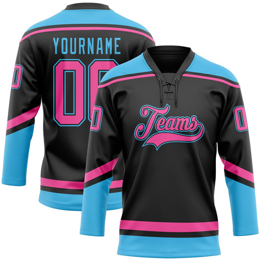 Custom Black Pink-Sky Blue Hockey Lace Neck Jersey - Sky-Custom