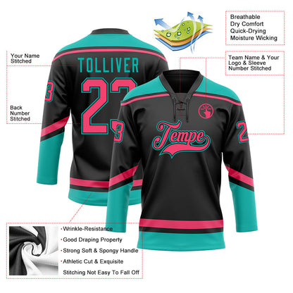 Custom Black Neon Pink-Aqua Hockey Lace Neck Jersey - Sky-Custom