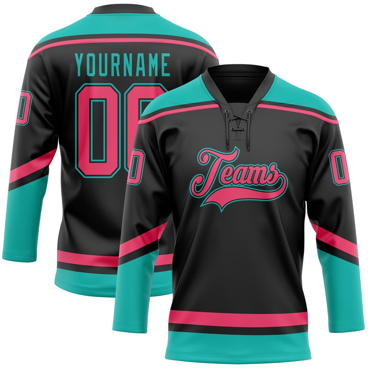 Custom Black Neon Pink-Aqua Hockey Lace Neck Jersey - Sky-Custom