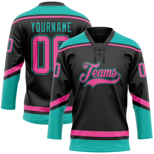 Custom Black Pink-Aqua Hockey Lace Neck Jersey - Sky-Custom