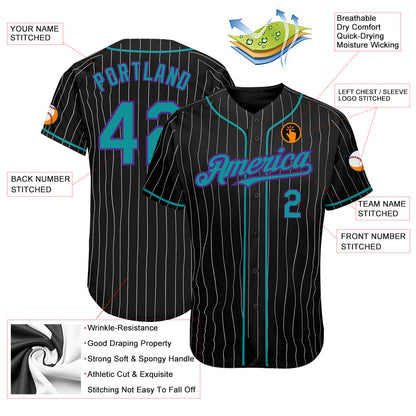 Custom Black White Pinstripe Teal-Purple Authentic Baseball Jersey - Sky-Custom