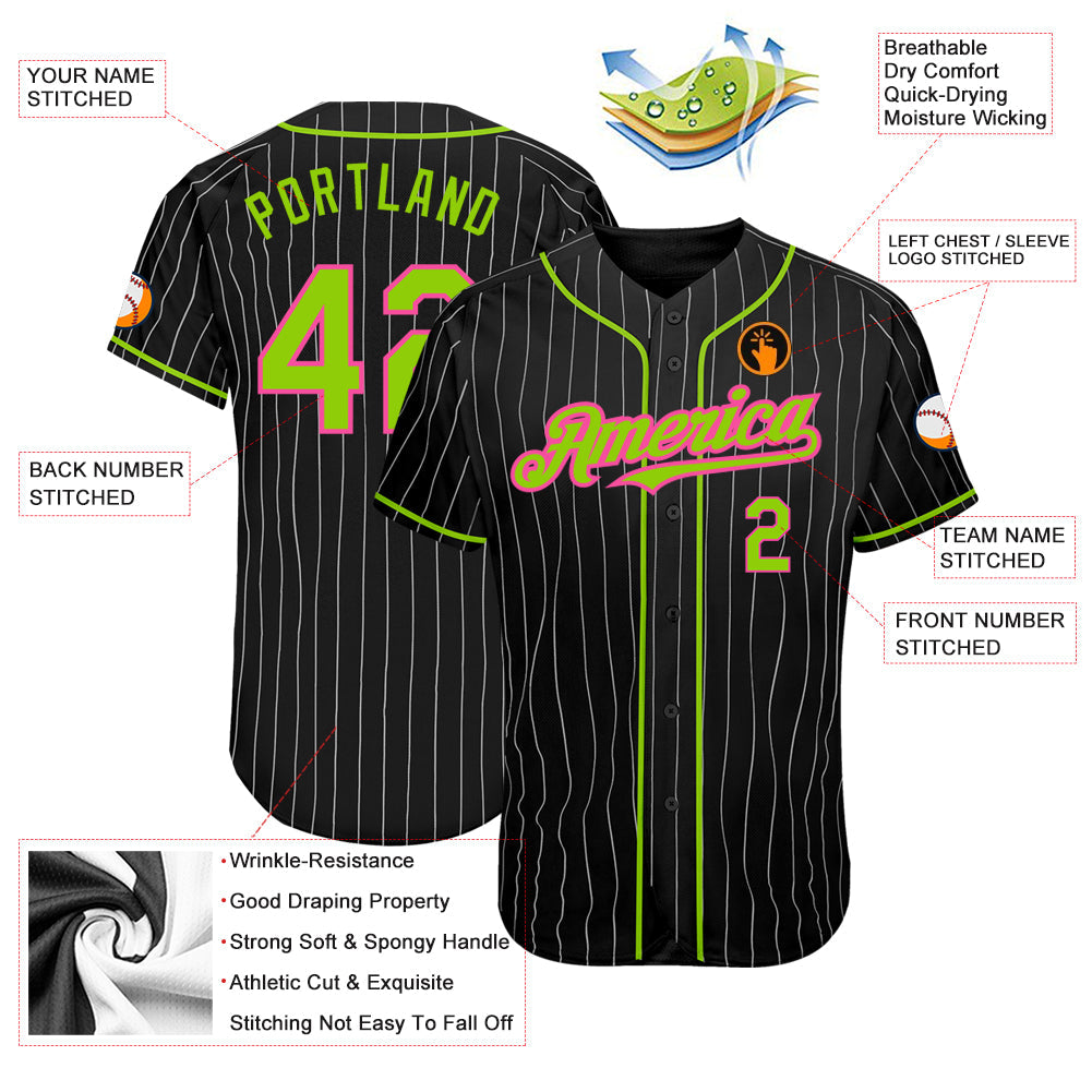 Custom Black White Pinstripe Neon Green-Pink Authentic Baseball Jersey - Sky-Custom