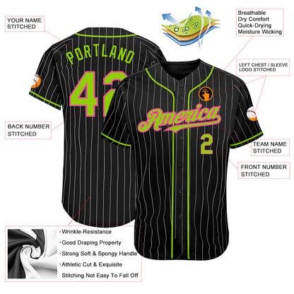 Custom Black White Pinstripe Neon Green-Pink Authentic Baseball Jersey - Sky-Custom