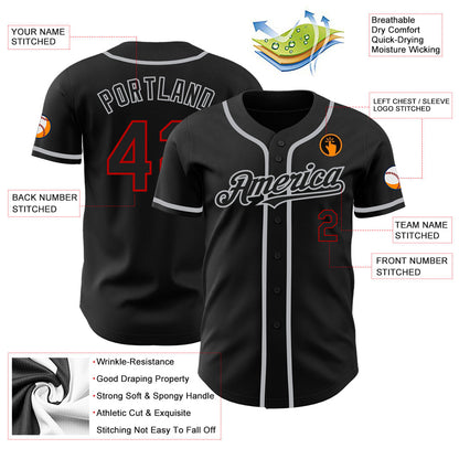 Custom Black Red-Gray Authentic Baseball Jersey - Sky-Custom