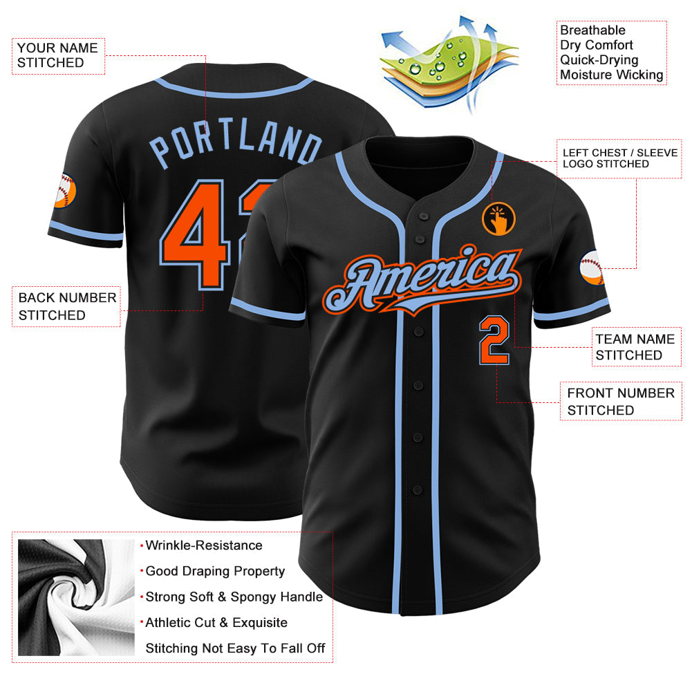 Custom Black Orange-Light Blue Authentic Baseball Jersey - Sky-Custom