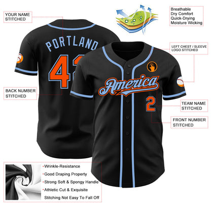 Custom Black Orange-Light Blue Authentic Baseball Jersey - Sky-Custom