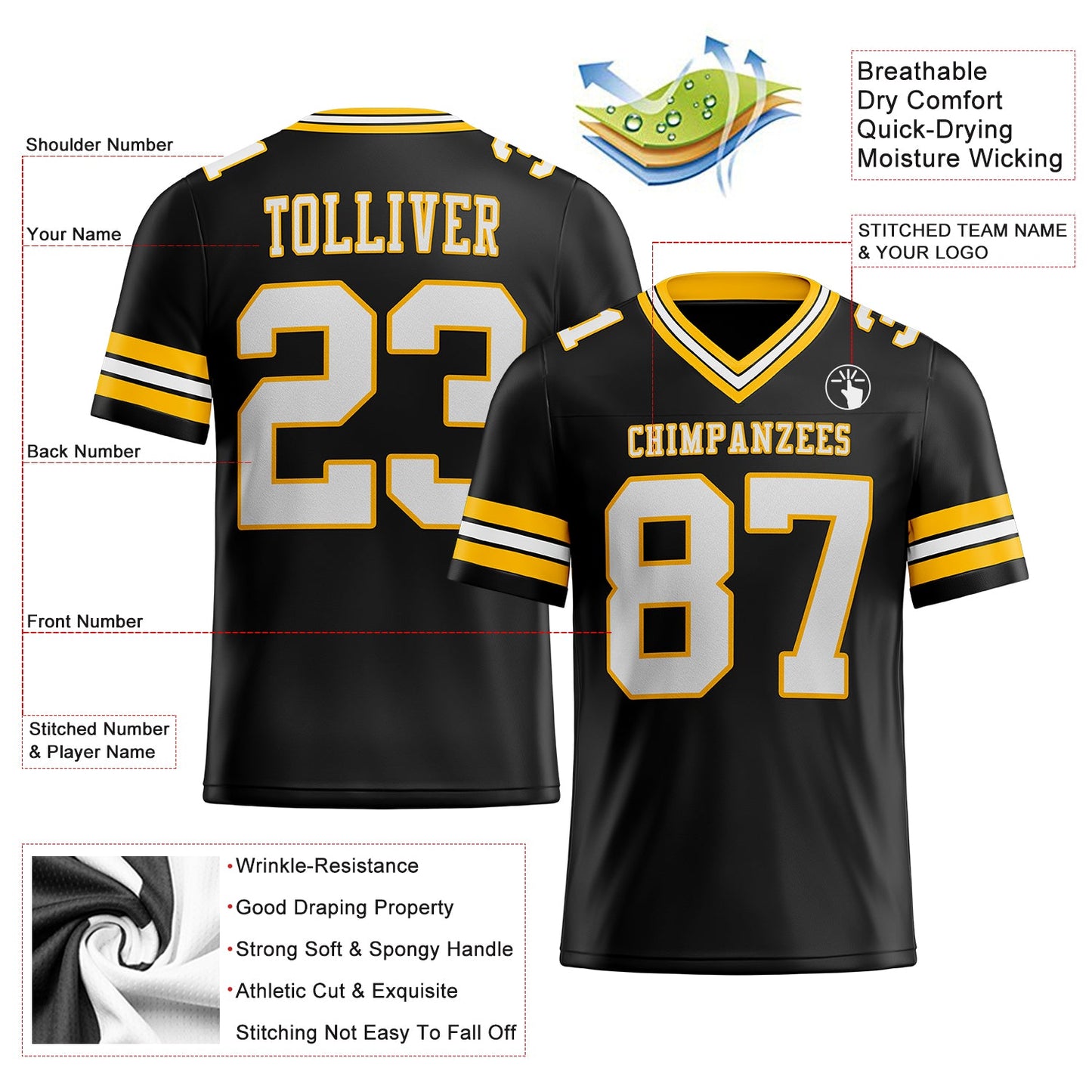 Custom Black White-Gold Mesh Authentic Football Jersey - Sky-Custom