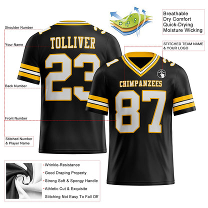 Custom Black White-Gold Mesh Authentic Football Jersey - Sky-Custom