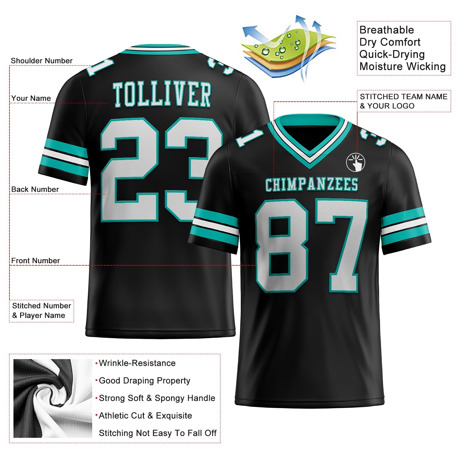 Custom Black White-Aqua Mesh Authentic Football Jersey - Sky-Custom
