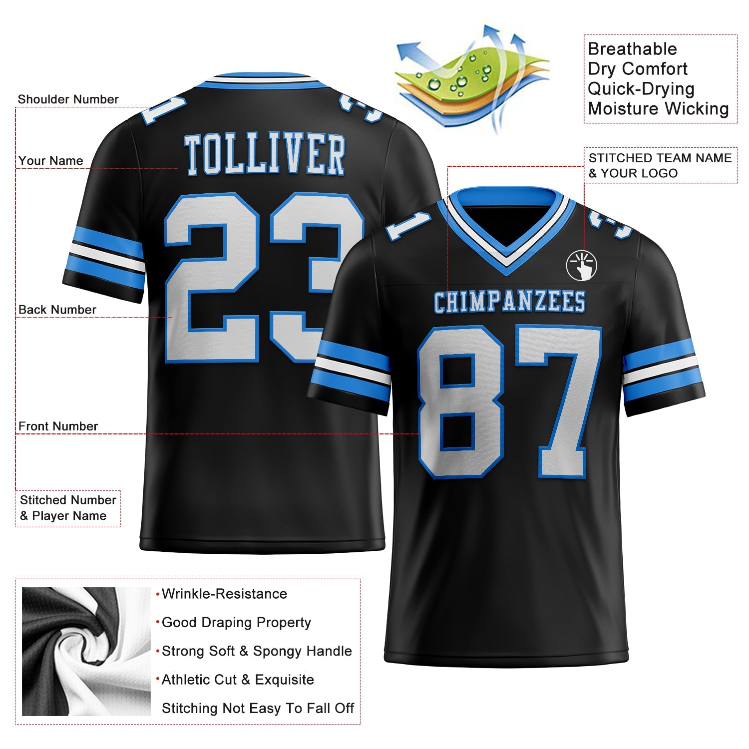 Custom Black White-Powder Blue Mesh Authentic Football Jersey - Sky-Custom