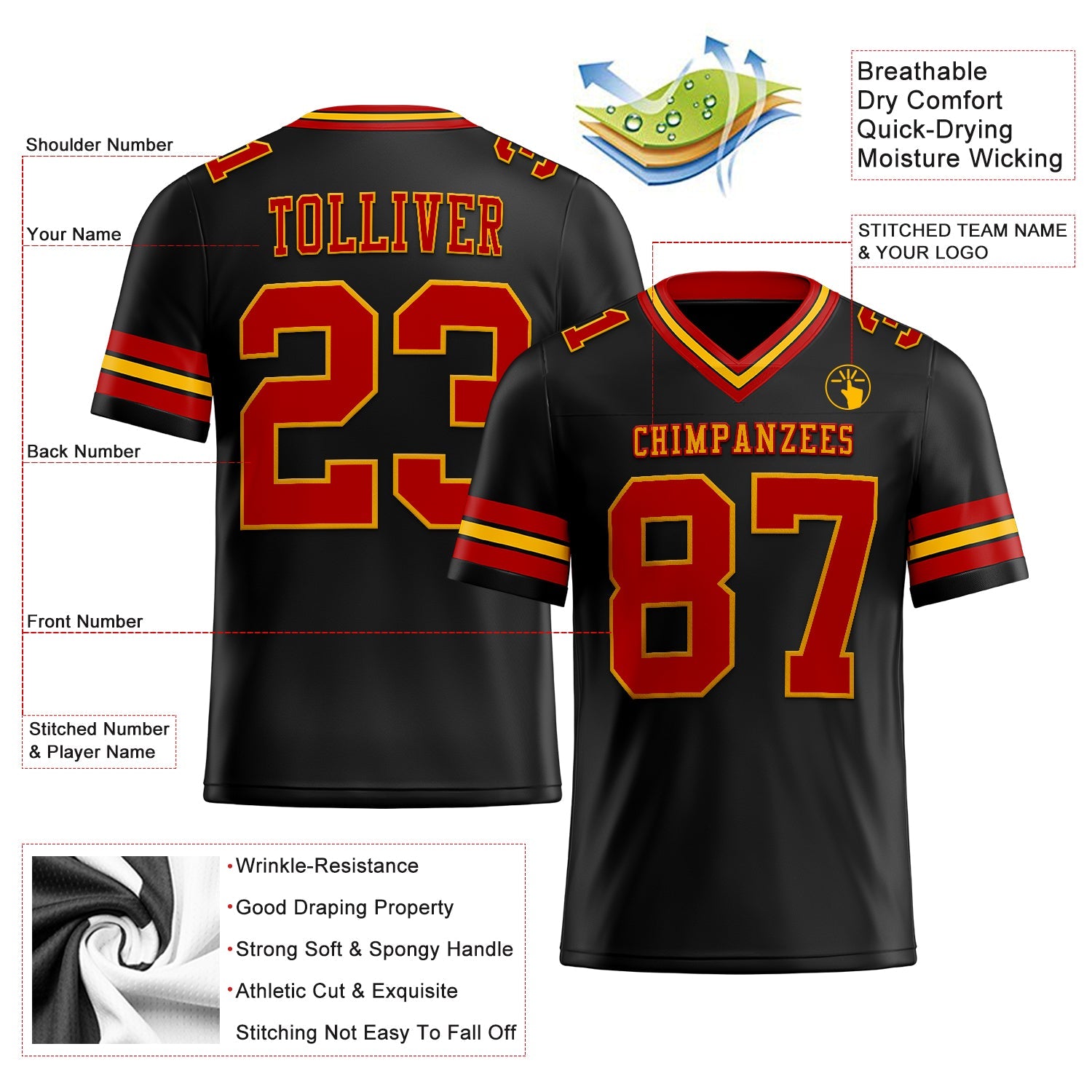 Custom Black Red-Gold Mesh Authentic Football Jersey - Sky-Custom