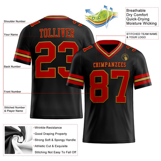 Custom Black Red-Old Gold Mesh Authentic Football Jersey - Sky-Custom