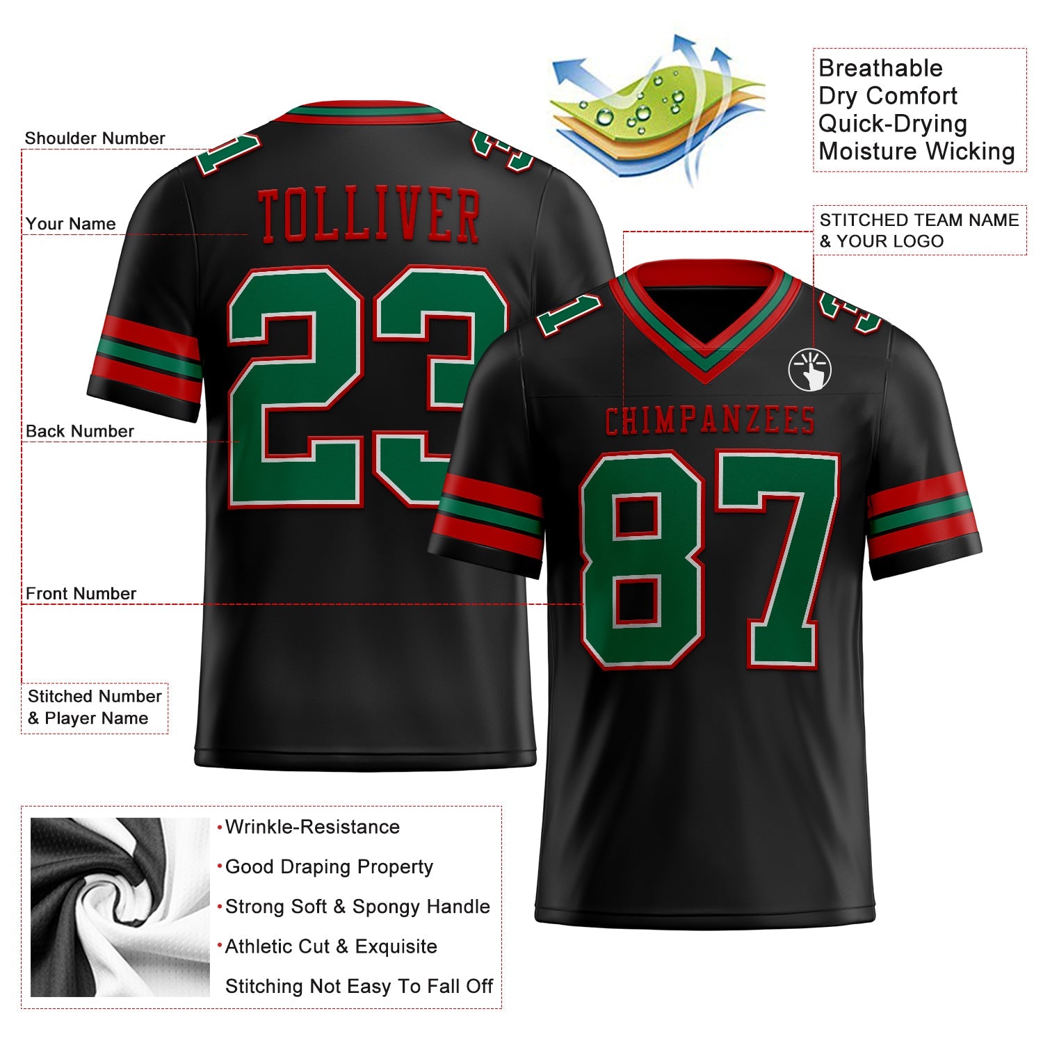 Custom Black Kelly Green-Red Mesh Authentic Football Jersey - Sky-Custom