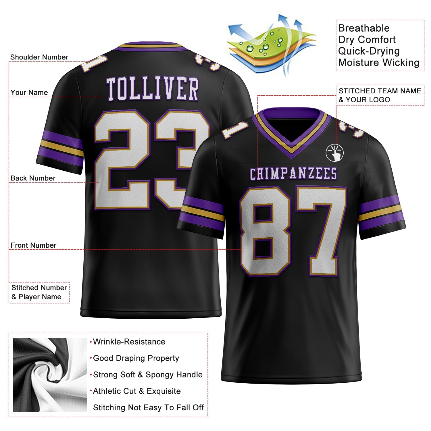 Custom Black White Old Gold-Purple Mesh Authentic Football Jersey - Sky-Custom